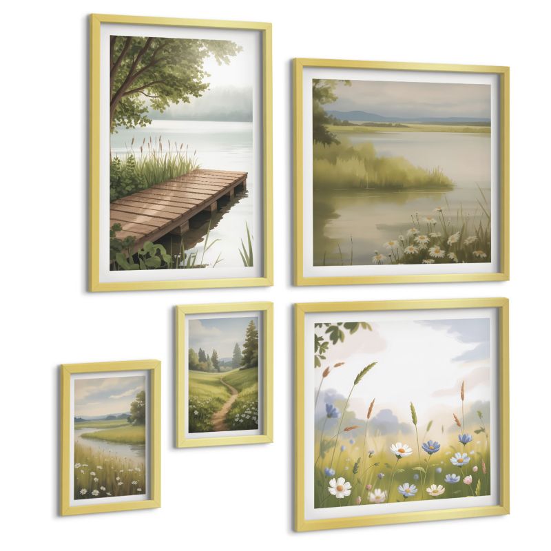 Zestaw Obrazów 5 Częściowy ArtPrintCave (2x50x50+2x20x30+40x60cm) Złota rama Morze miasteczko cytryny kwiaty 1 kpl.