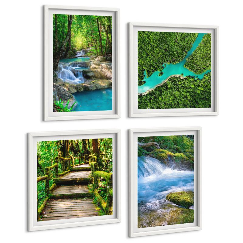 Komplet 4 Obrazów ArtPrintCave (2x50x50+2x40x60cm) Biała rama Zielone lasy krystaliczne wody 1 kpl.