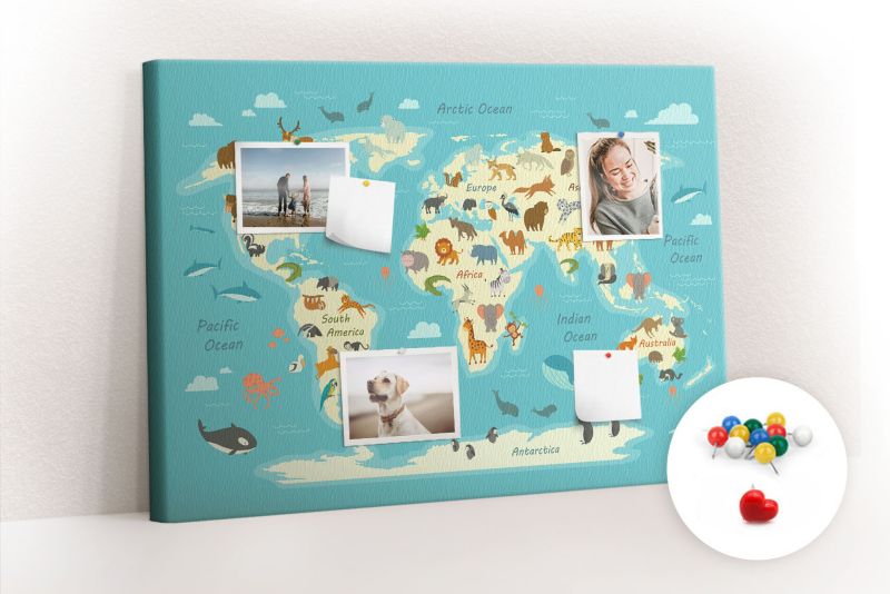 Tablica Korkowa Z Pinezkami Tulup 100x70 cm Ilustrowana mapa z fauną Organizer ścienny Pinezki kolorowe 1 kpl