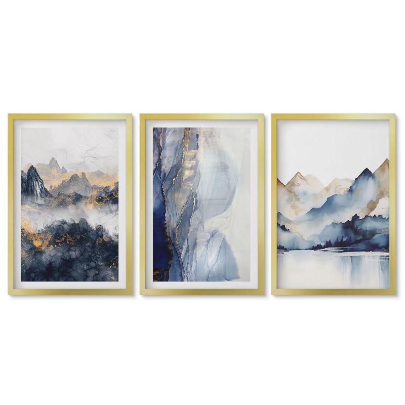 Zestaw 3 obrazów w złotych ramach Tulup 40x60 cm Górskie krajobrazy niebieskie szare Tryptyk 1 kpl