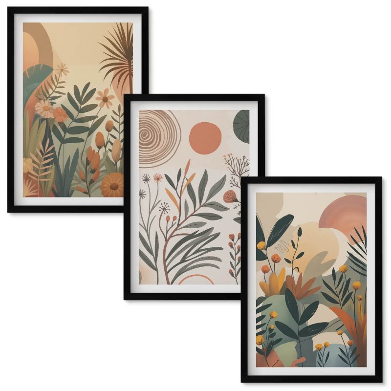 Obrazy do Salonu Wallfluent Roślinne motywy stonowane kolory Czarna rama 40x60 cm 3 szt.