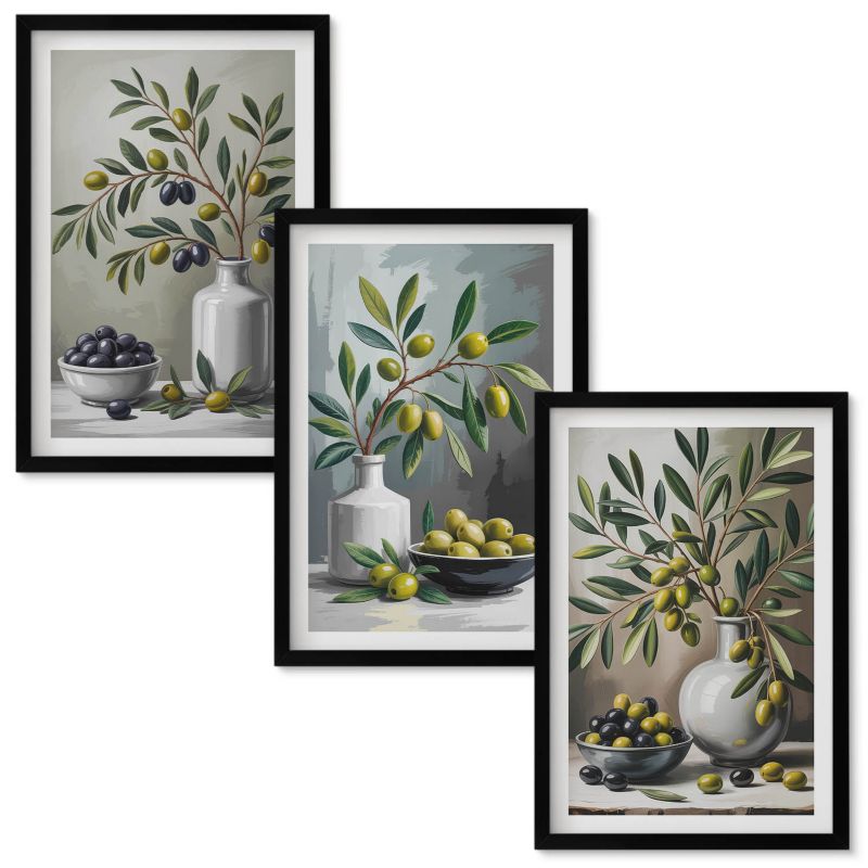 Tryptyk Obrazów w Ramie Wallfluent Oliwki ceramiczne szarość Czarna rama 40x60 cm 3 szt.