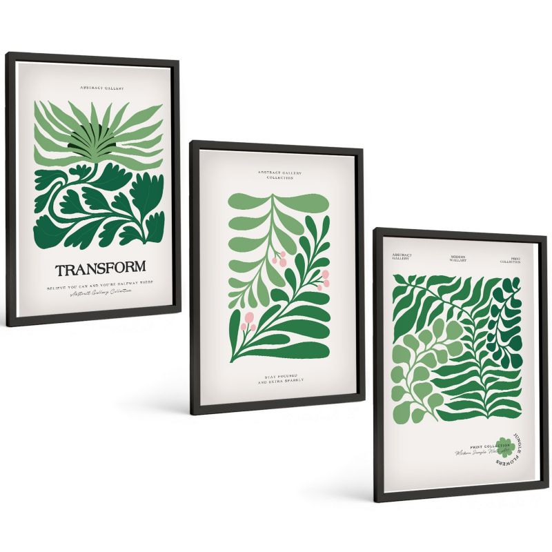 Trzyczęściowy Zestaw Obrazów ArtPrintCave 40x60 cm Czarna rama Zielone liście rośliny kształty 1 kpl.