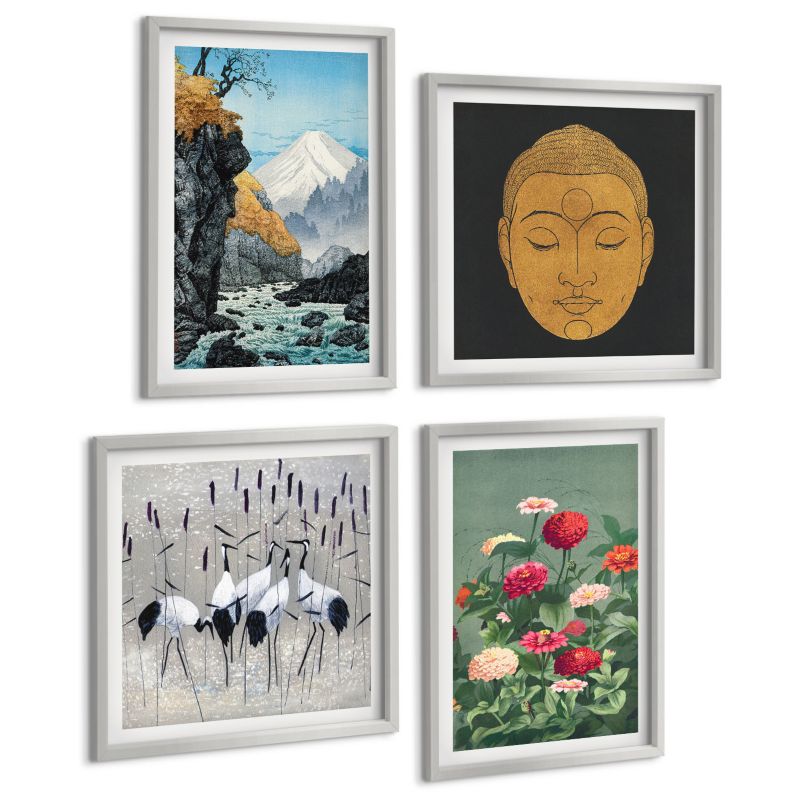 Zestaw Obrazów 4 Częściowy ArtPrintCave (2x50x50+2x40x60cm) Srebrna rama Japońska natura i styl japandi 1 kpl.