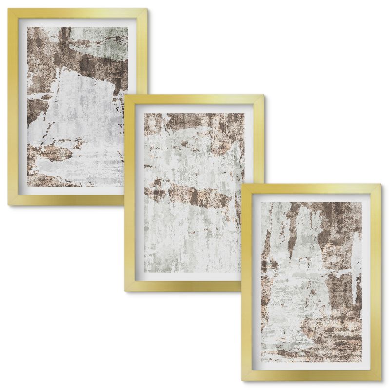 Obrazy do Salonu Wallfluent Abstrakcyjne wzory biel brąz Złota rama 20x30cm 3 szt.