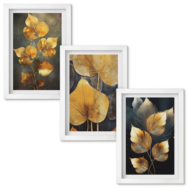 Zestaw obrazów Wallfluent Liście żółte ciemne tło Biała rama 20x30cm 3 szt.