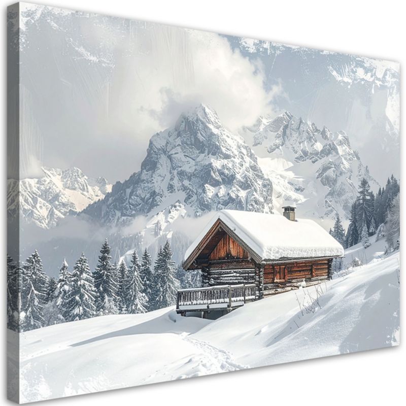 Obraz do salonu jadalni biura Feeby Pejzaż zimowy góry domek natura 90x60cm 1szt