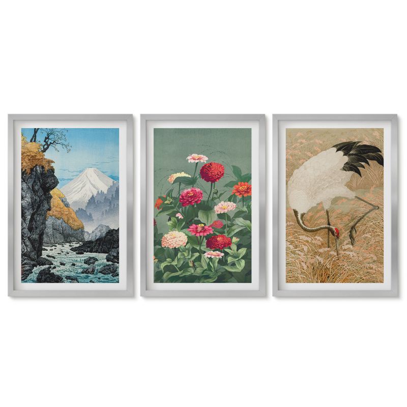 Seria obrazów 3 sztuki Tulup 40x60 cm Góry krajobraz rzeka kwiaty żurawie Obrazy nad biurko zestaw srebrna rama 1 kpl