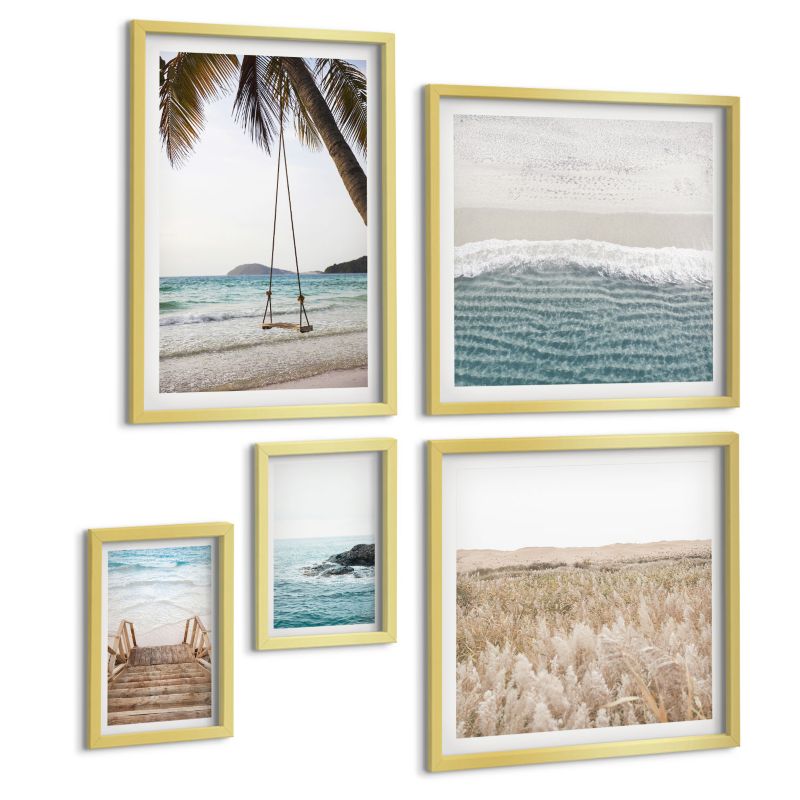 Pięcioczęściowy Zestaw Obrazów ArtPrintCave (2x50x50+2x20x30+40x60cm) Złota rama Schody plaża widok morze huśtawka 1 kpl.