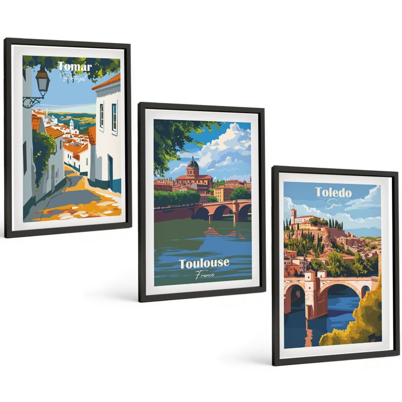 Zestaw 3 Obrazów w Czarnej Ramie ArtPrintCave 40x60 cm Galeria Ścienna Grafiki miast w stylu retro 1 kpl.