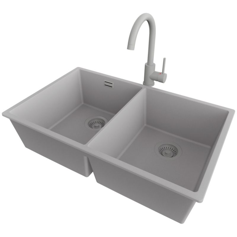Zlewozmywak podblatowy Londyn Twin PRIMAGRAN 76x47cm do Szafki od 80cm, Cały Szary + Bateria 32x20cm + Syfon, S016, 1 szt.