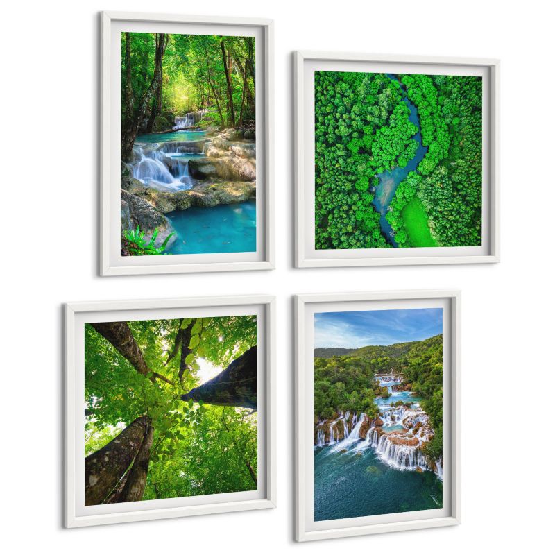 Zestaw 4 Obrazów ArtPrintCave (2x50x50+2x40x60cm) Biała rama Wodospady zielony las woda 1 kpl.