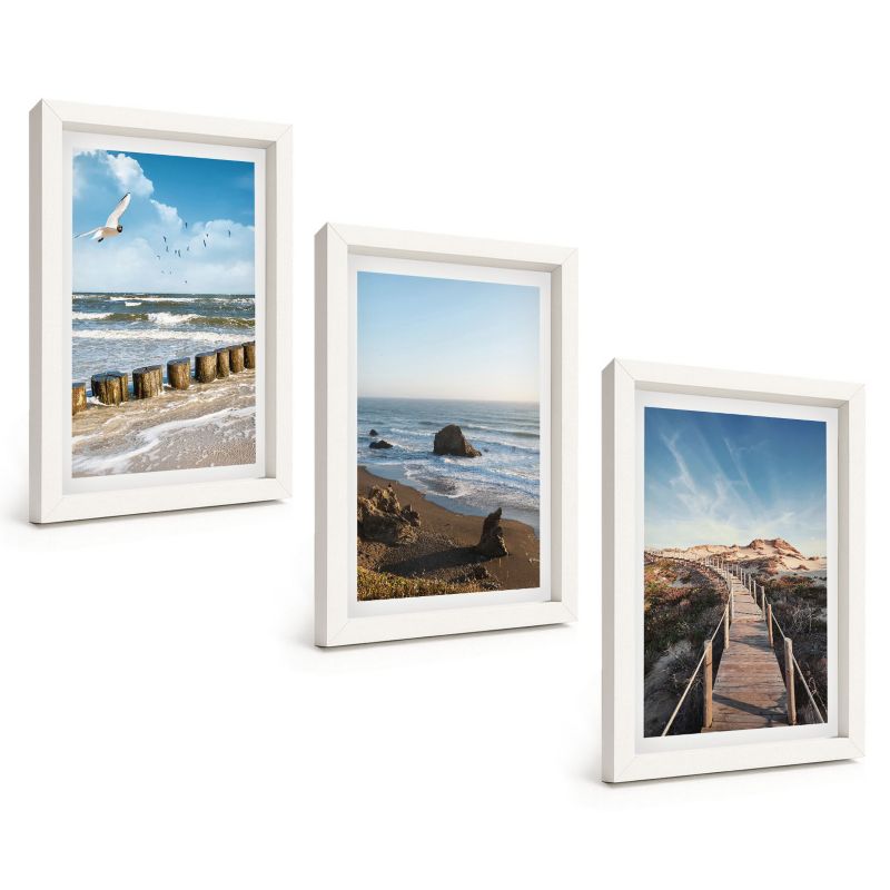 Galeria 3 Obrazów w Białej Ramie ArtPrintCave 20x30 cm Komplet ścienny Plaża fale niebo molo spacer 1 kpl.