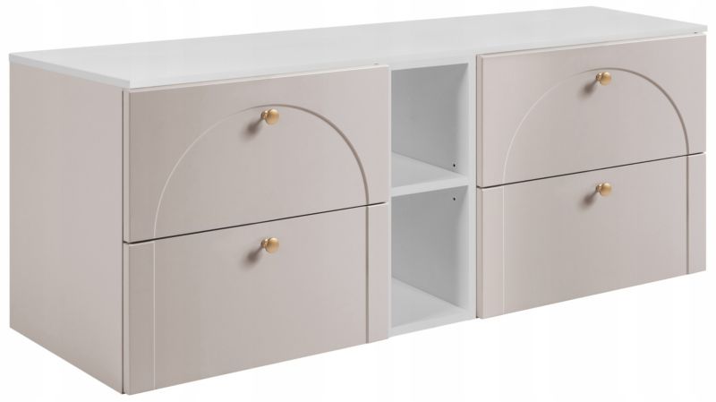 Szafka łazienkowa Furnidea 140 cm z blatem kaszmir regał biały gałka AURA 1 szt.