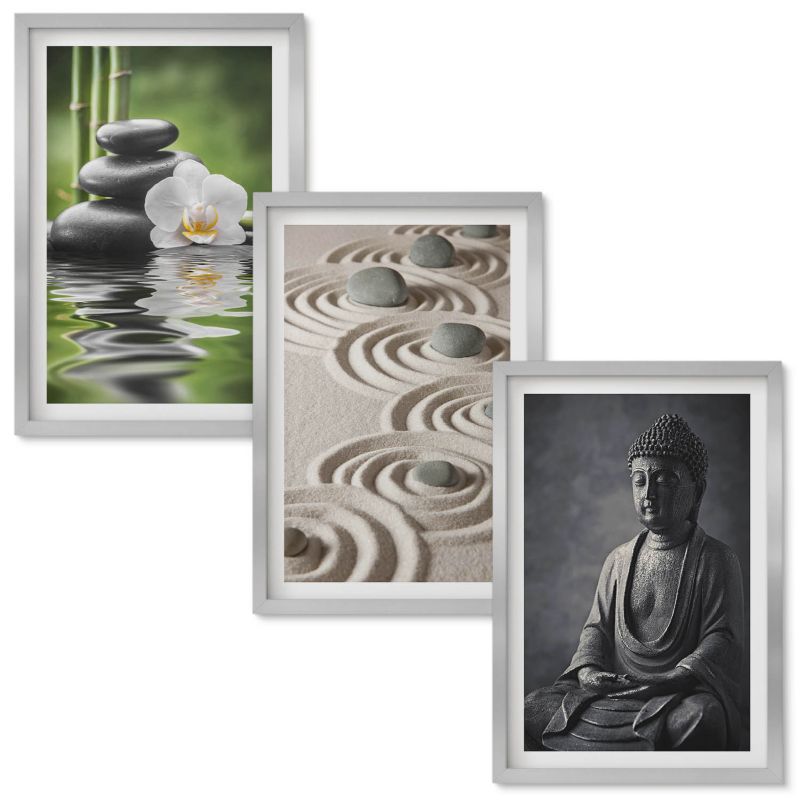 Tryptyk w Ramie Wallfluent Relaksujący widok Budda Zen Srebrna rama 40x60 cm 3 szt.