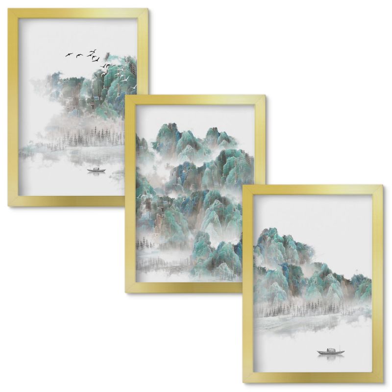Obrazy do Salonu Wallfluent Góry chmury ptaki łódź japandi Złota rama 20x30cm 3 szt.