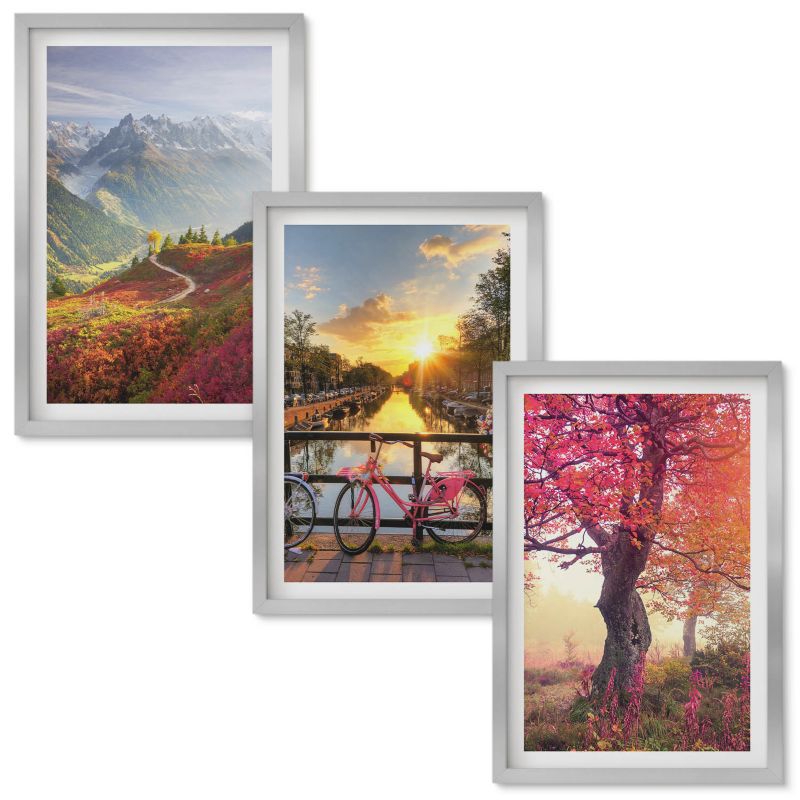 Obraz Ścienny Zestaw Wallfluent Górskie krajobrazy rowerem Srebrna rama 40x60 cm 3 szt.
