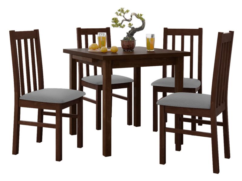 Zestaw DR14 Stół rozkładany Max VII 80x80/110 + 4 krzesła Bos 10 orzech + szara tapicerka 1 kpl.