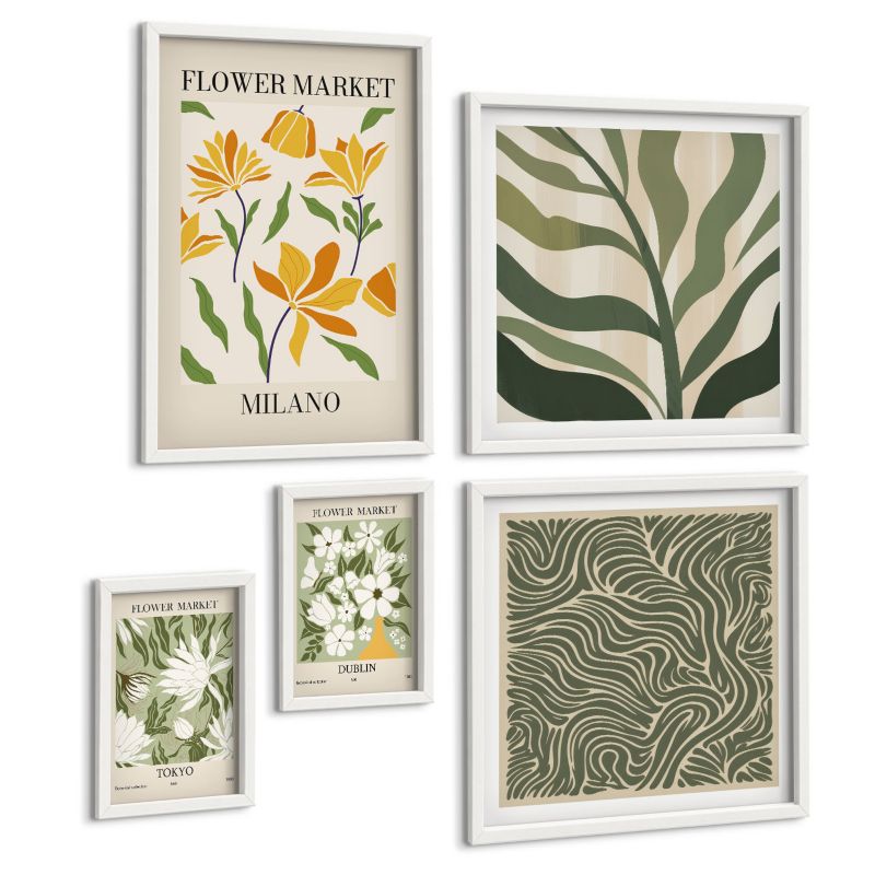 Zestaw Obrazów 5 Częściowy ArtPrintCave (2x50x50+2x20x30+40x60cm) Biała rama Roślinne wzory boho dekoracje 1 kpl.