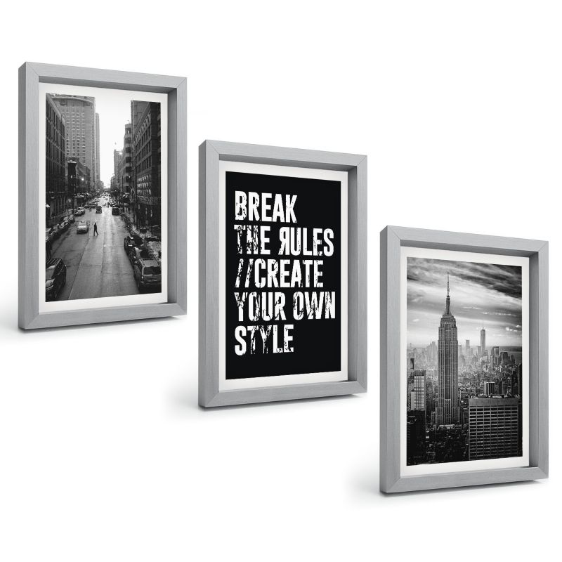 Zestaw 3 Obrazów w Srebrnej Ramie ArtPrintCave 20x30 cm Galeria Ścienna Ulice miasta czerń biel inspiracja 1 kpl.
