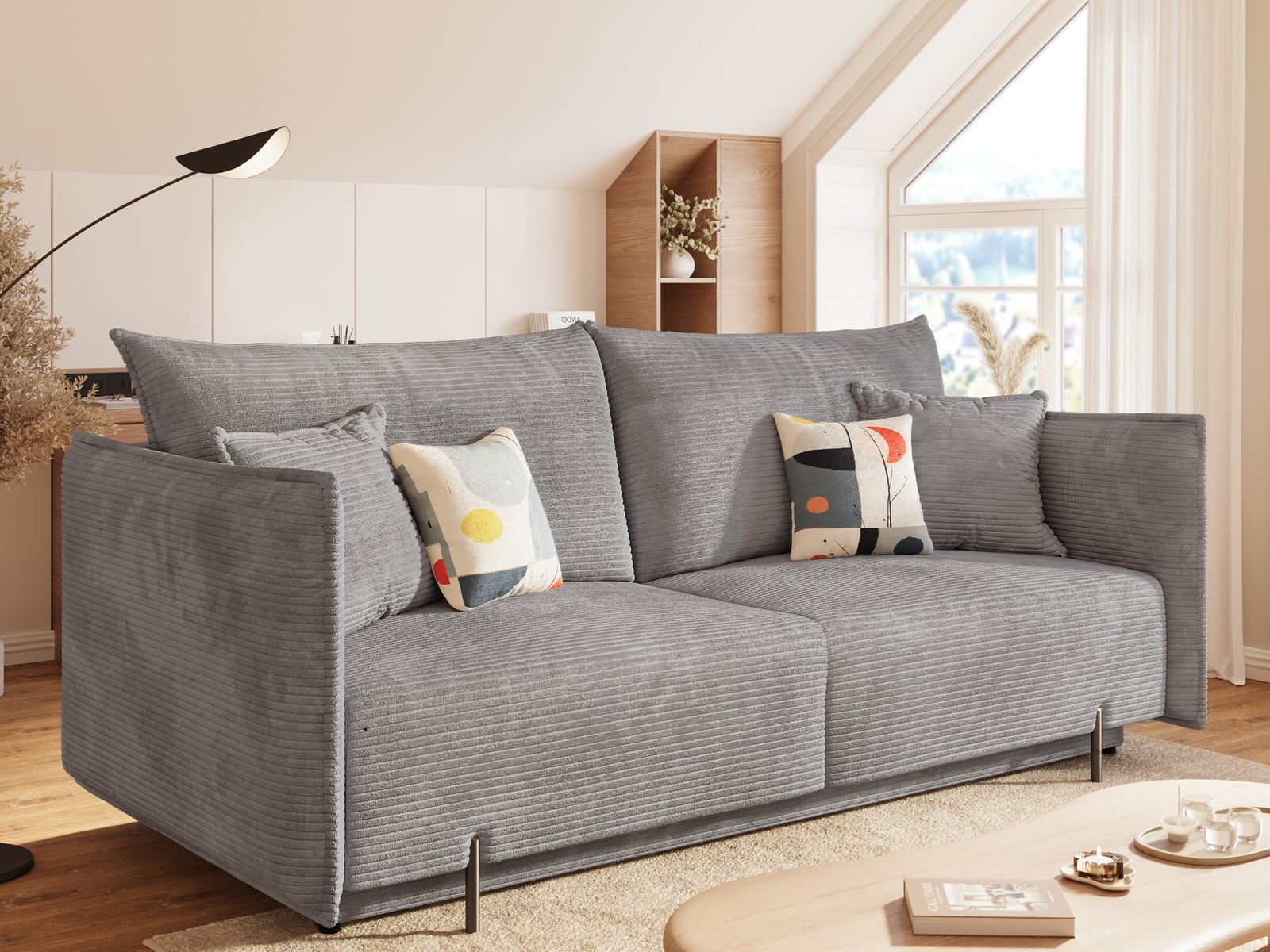 Sztruksowa sofa z pojemnikiem i funkcją spania rozkładana szara CALMO