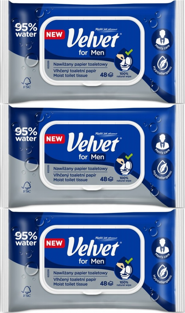3x Papier nawilżany Velvet for Men, 48 sztuk
