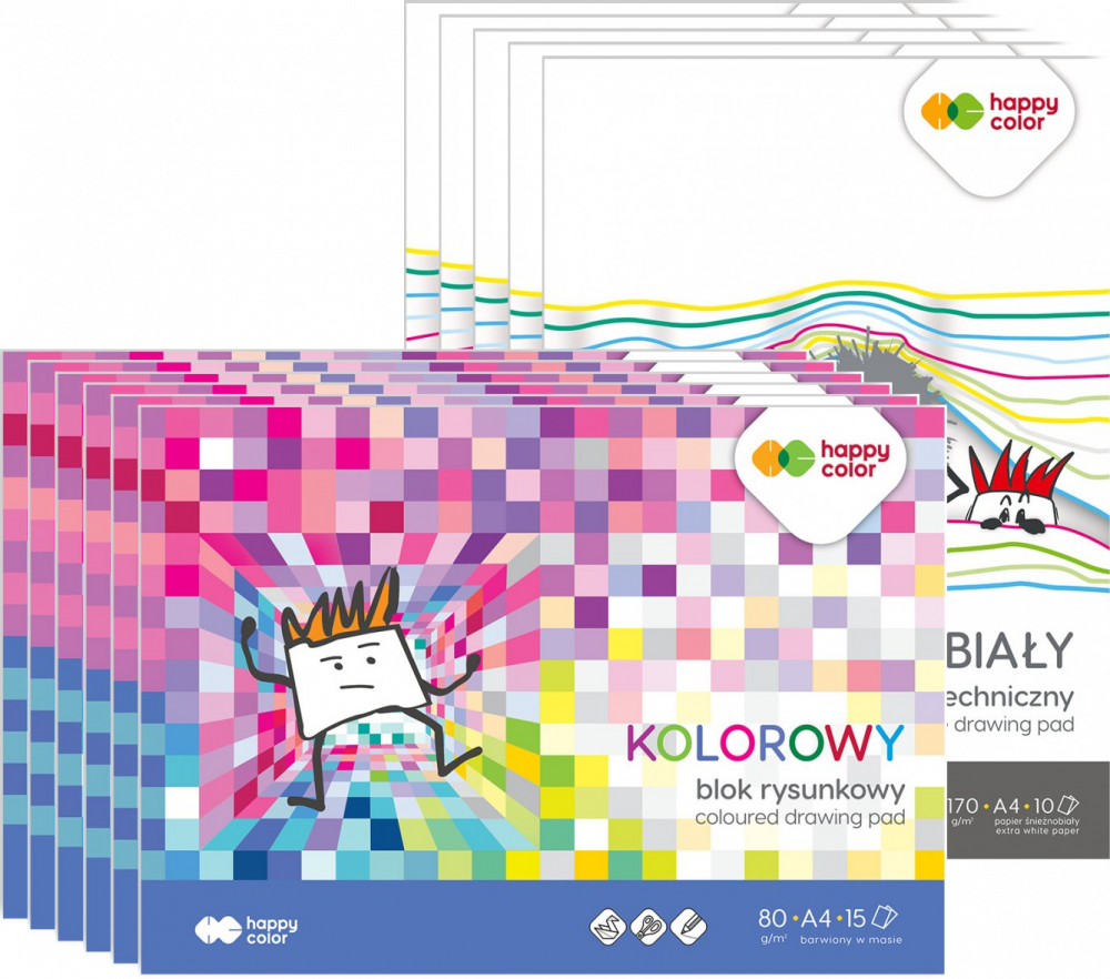 Zestaw: 5x Blok rysunkowy kolorowy + 5x Blok techniczny biały Happy Color