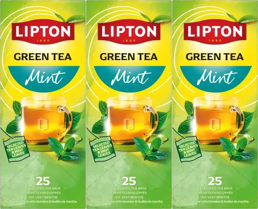 3x Herbata zielona smakowa w kopertach Lipton Classic Green Tea Mint, mięta, 25 sztuk x 1.6g
