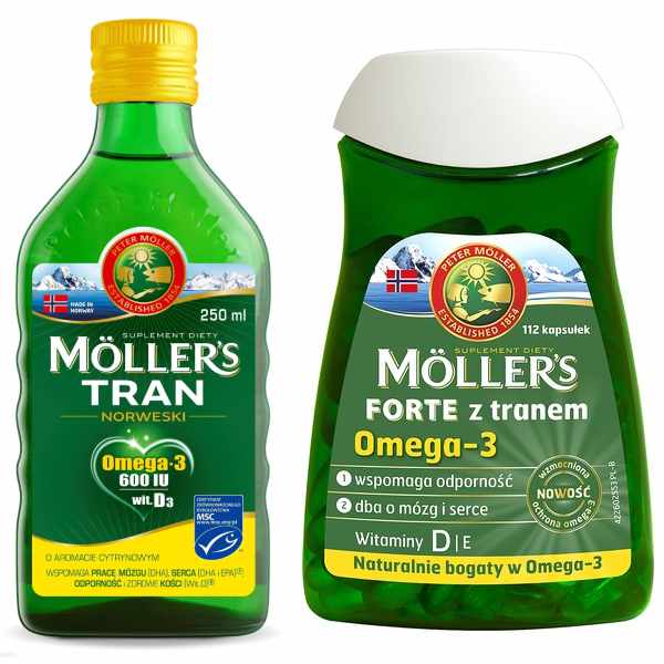 Zestaw: mollers tran norweski, smak cytrynowy, 250 ml + mollers forte z tranem, 112 kapsułek