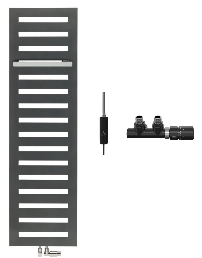 Zestaw Zehnder Metropolitan Bar grzejnik łazienkowy dekoracyjny 122,5x40 cm czarny z grzałką elektryczną 300 W i zestawem zaworowym ...