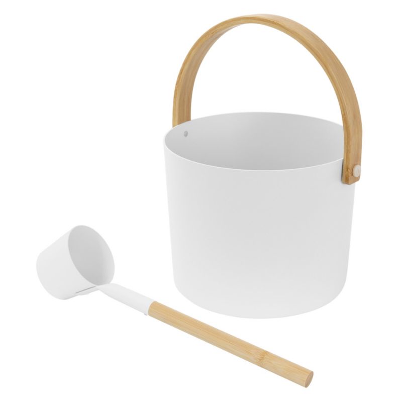 Wiadro sauny LuxeBath zestaw 2 częściowy biały metalowy 6l bambusowa chochla do polewania wody akcesoria saunowe domowe spa 1 szt
