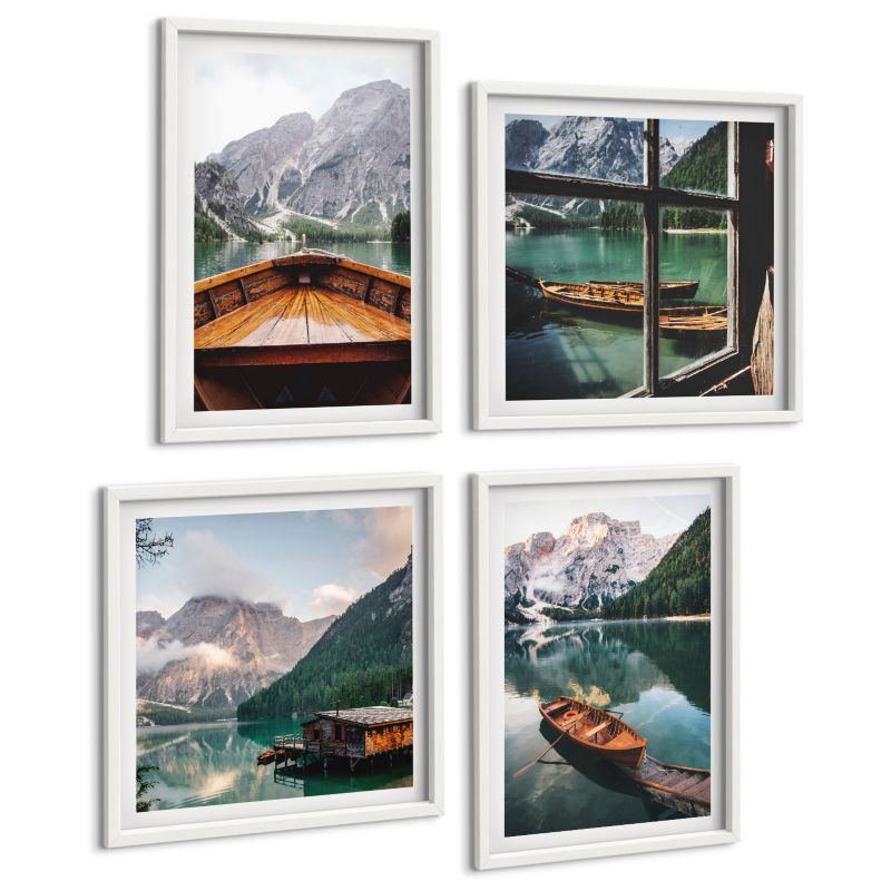 Galeria 4 Obrazów ArtPrintCave (2x50x50+2x40x60cm) Biała rama Jezioro góry łodzie chata okno 1 kpl.