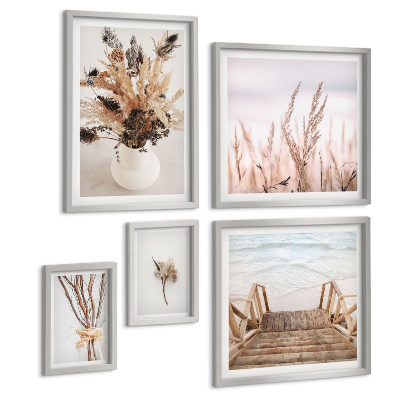 Komplet 5 Obrazów ArtPrintCave (2x50x50+2x20x30+40x60cm) Srebrna rama Kwiaty gałęzie minimalizm natura 1 kpl.