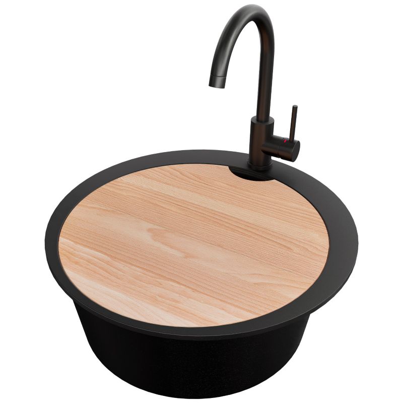 Zlewozmywak Granitowy Okrągły Piza PRIMAGRAN Nablatowy 53x53cm, Cały Czarny + Bateria + Syfon + Akcesorium, S046, 1 szt.