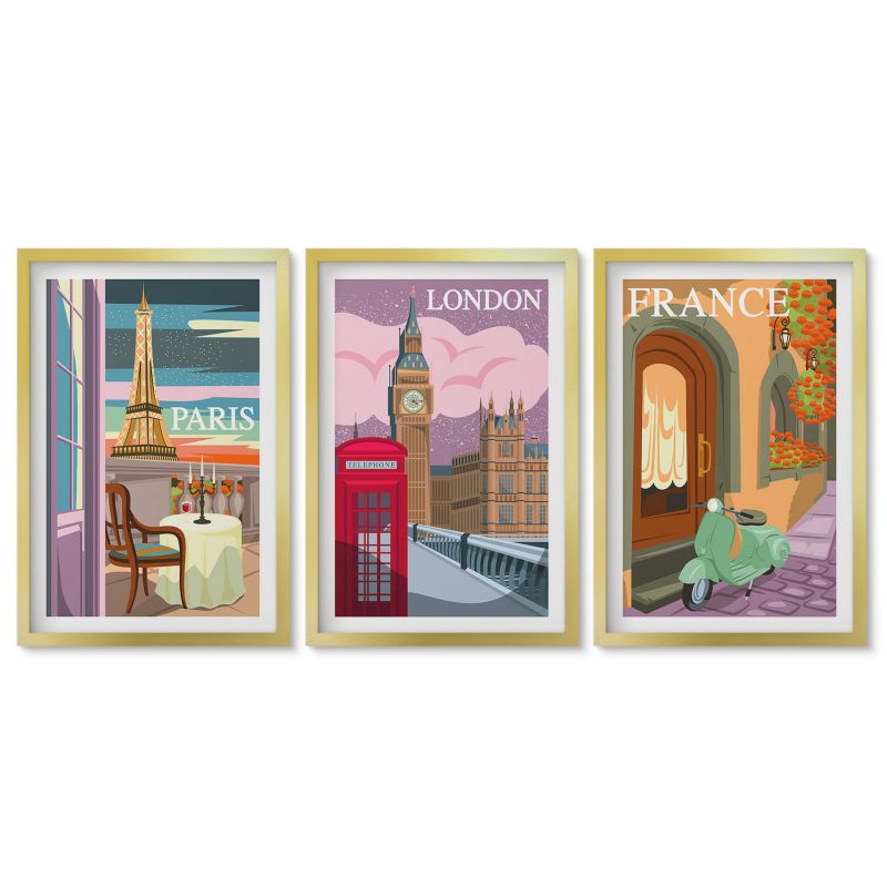 Obrazy w złotej ramie Tulup 40x60 cm Widoki Paryż Londyn retro Dekoracja ścienna do przedpokoju 1 kpl
