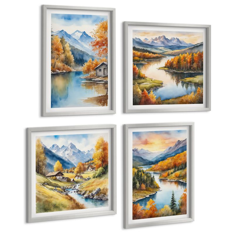 Czteroczęściowy Zestaw Obrazów ArtPrintCave (2x50x50+2x40x60cm) Srebrna rama Jesienne góry rzeka domek 1 kpl.