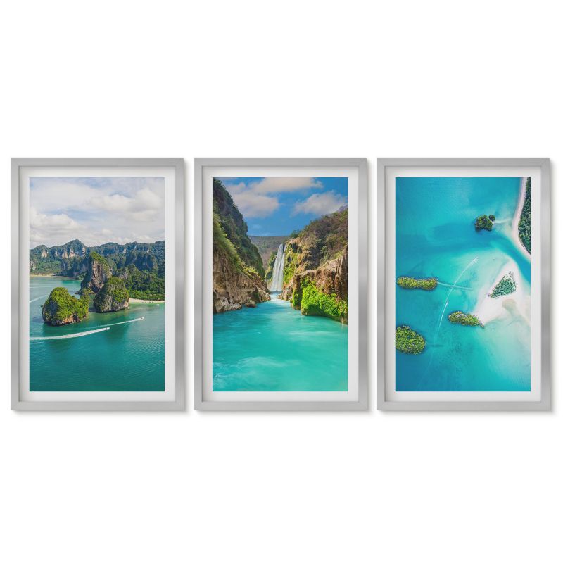 Zestaw 3 obrazów w srebrnych ramach Tulup 40x60 cm Tropikalne wyspy turkus woda Stylowa galeria nad biurko 1 kpl