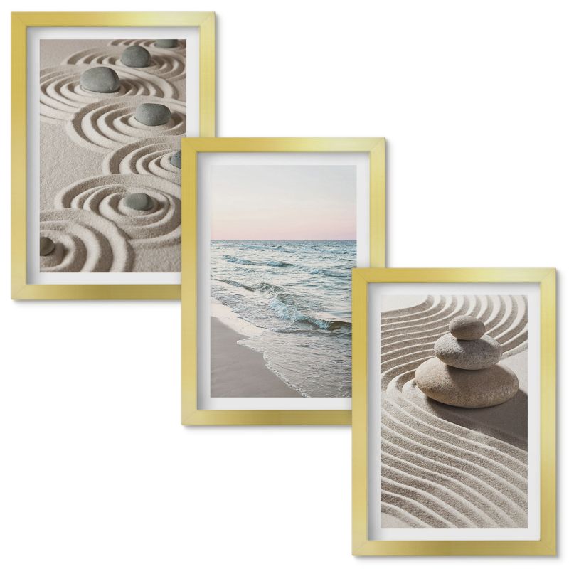 Obrazy do Salonu Wallfluent Fale piasku wody kamienie plaża Złota rama 20x30cm 3 szt.