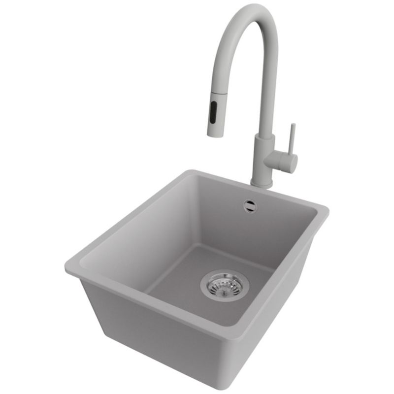 Zlewozmywak Granitowy Wenecja Easy Slim PRIMAGRAN Nablatowy 36x44cm do Szafki od 40cm, Szary + Bateria + Syfon, S019, 1 szt.