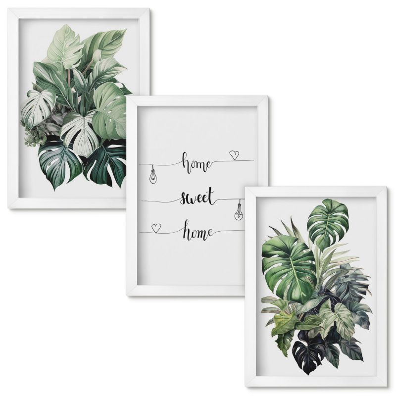 Obrazy Do Sypialni Wallfluent Akwarelowe liście monstery Biała rama 20x30cm 3 szt.