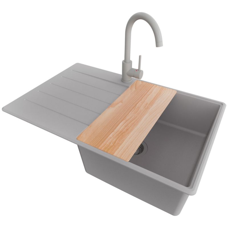Zlewozmywak Granitowy Kopenhaga Top PRIMAGRAN Nablatowy 78x50cm, Cały Szary + Bateria + Syfon + Akcesorium, S542, 1 szt.