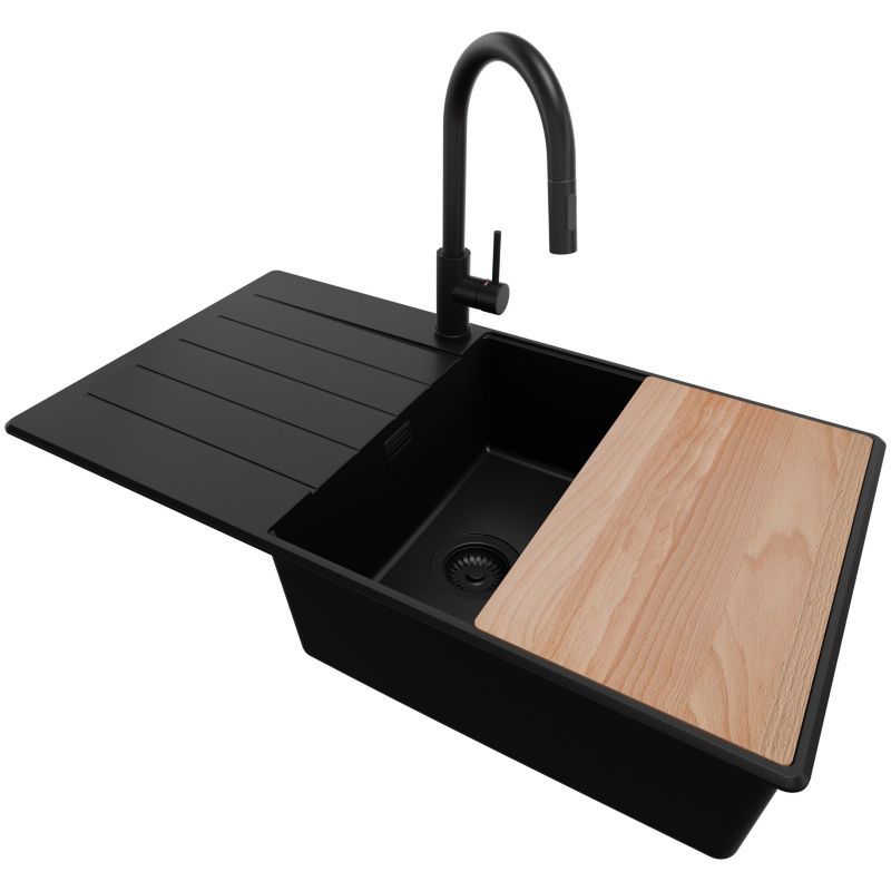 Zlewozmywak Granitowy Kopenhaga Top PRIMAGRAN Nablatowy 90x50cm, Cały Czarny + Bateria + Syfon + Akcesorium, S734, 1 szt.