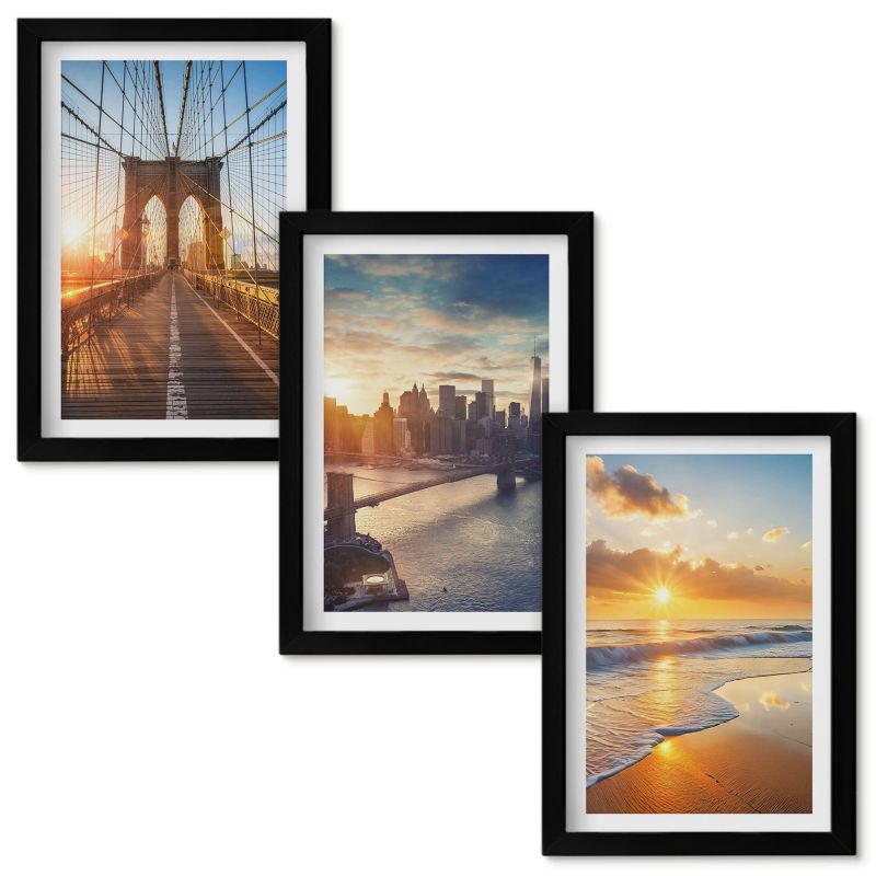 Obraz Ścienny Zestaw Wallfluent Mosty zachody słońca miasto Czarna rama 20x30cm 3 szt.