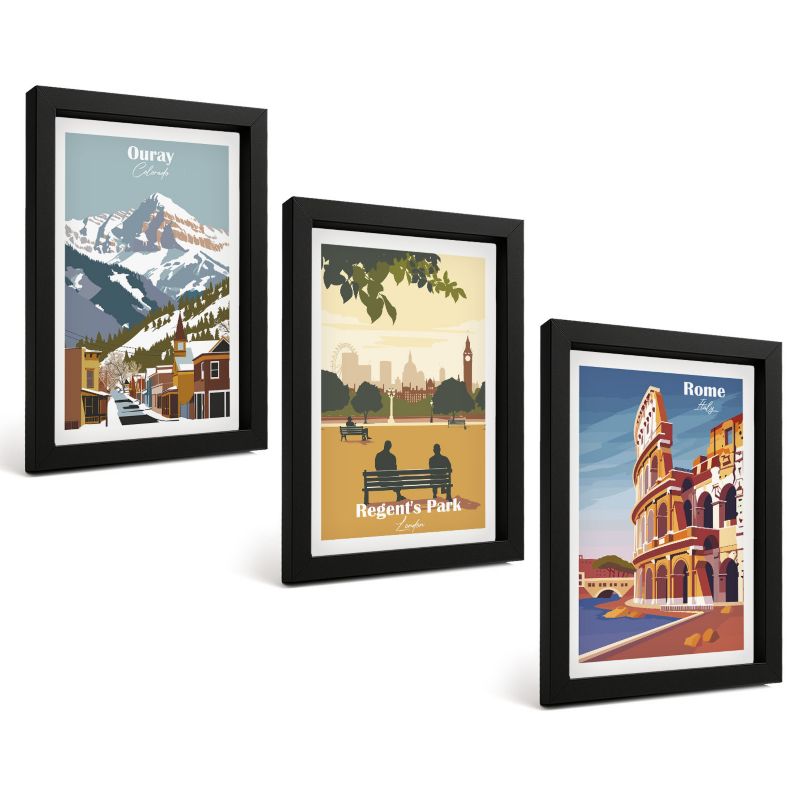 Galeria 3 Obrazów w Czarnej Ramie ArtPrintCave 20x30 cm Komplet ścienny Góry Ouray Londyn Koloseum 1 kpl.