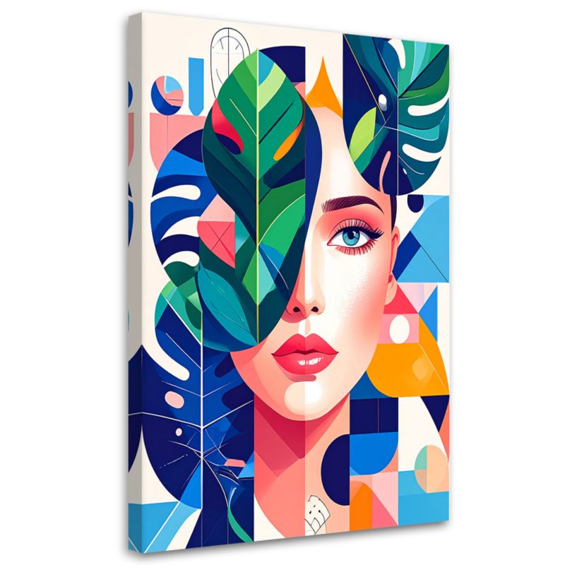Obraz do salonu sypialni Feeby Kobieta liście monstery w stylu Bauhaus 60x90cm 1szt