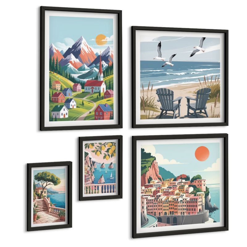 Galeria 5 Obrazów ArtPrintCave (2x50x50+2x20x30+40x60cm) Czarna rama Nadmorskie domy pastelowe 1 kpl.