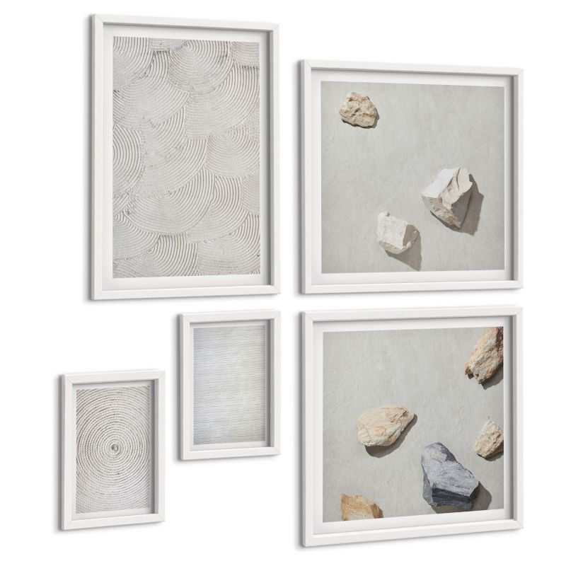 Zestaw 5 Obrazów ArtPrintCave (2x50x50+2x20x30+40x60cm) Biała rama Geometryczne tektury kamienie 1 kpl.