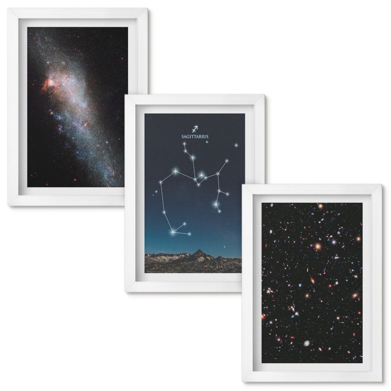 Obraz Ścienny Zestaw Wallfluent Galaktyki konstelacje kosmos Strzelec Biała rama 20x30cm 3 szt.