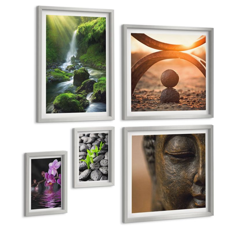 Zestaw 5 Obrazów ArtPrintCave (2x50x50+2x20x30+40x60cm) Srebrna rama Zimowy krajobraz z zorzą 1 kpl.