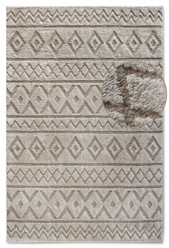 Dywnan Elle Decor Itinerance 120x170 cm, pluszowy włos, orientalny wzór 3D, beżowy, do salonu, 1 szt.